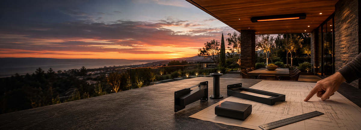 Bromic heater accessories arranged on architectural plans in a luxury outdoor living setting