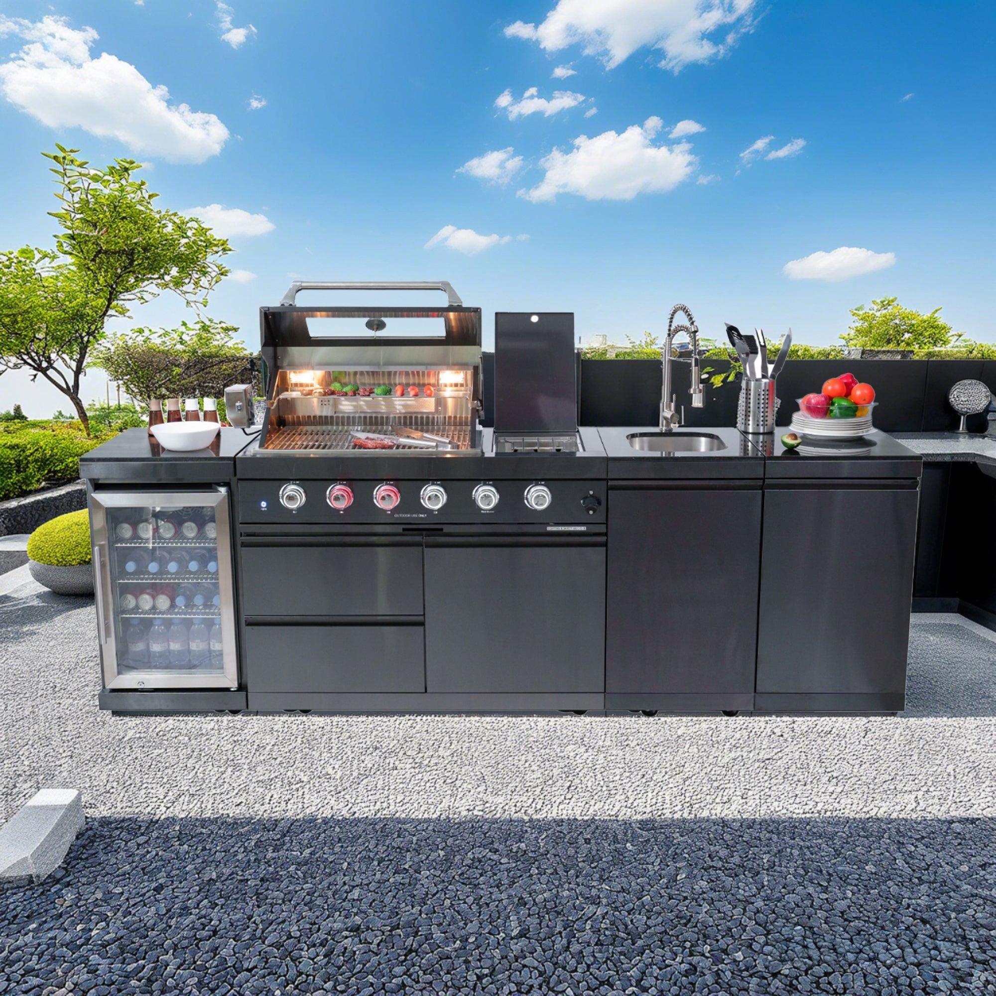 104" Black Outdoor Kitchen Island Grill & Cabinets | The Lavish Sunset