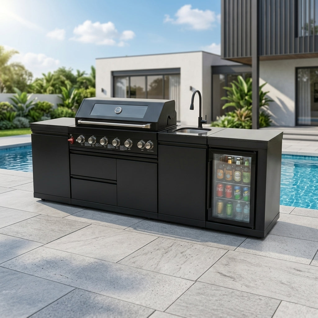 102" Marble Top Outdoor Kitchen Island & 6-Burner Grill | The Lavish Sunset