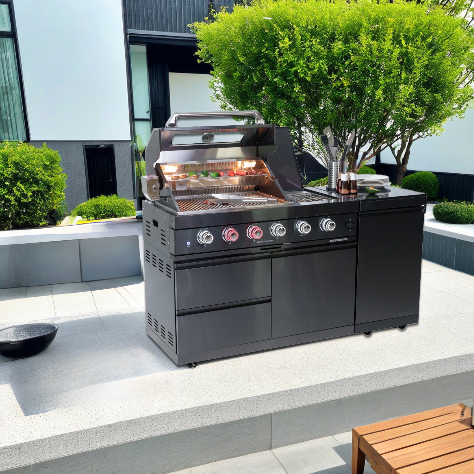 65" Black Outdoor Kitchen Island with Rotisserie | The Lavish Sunset