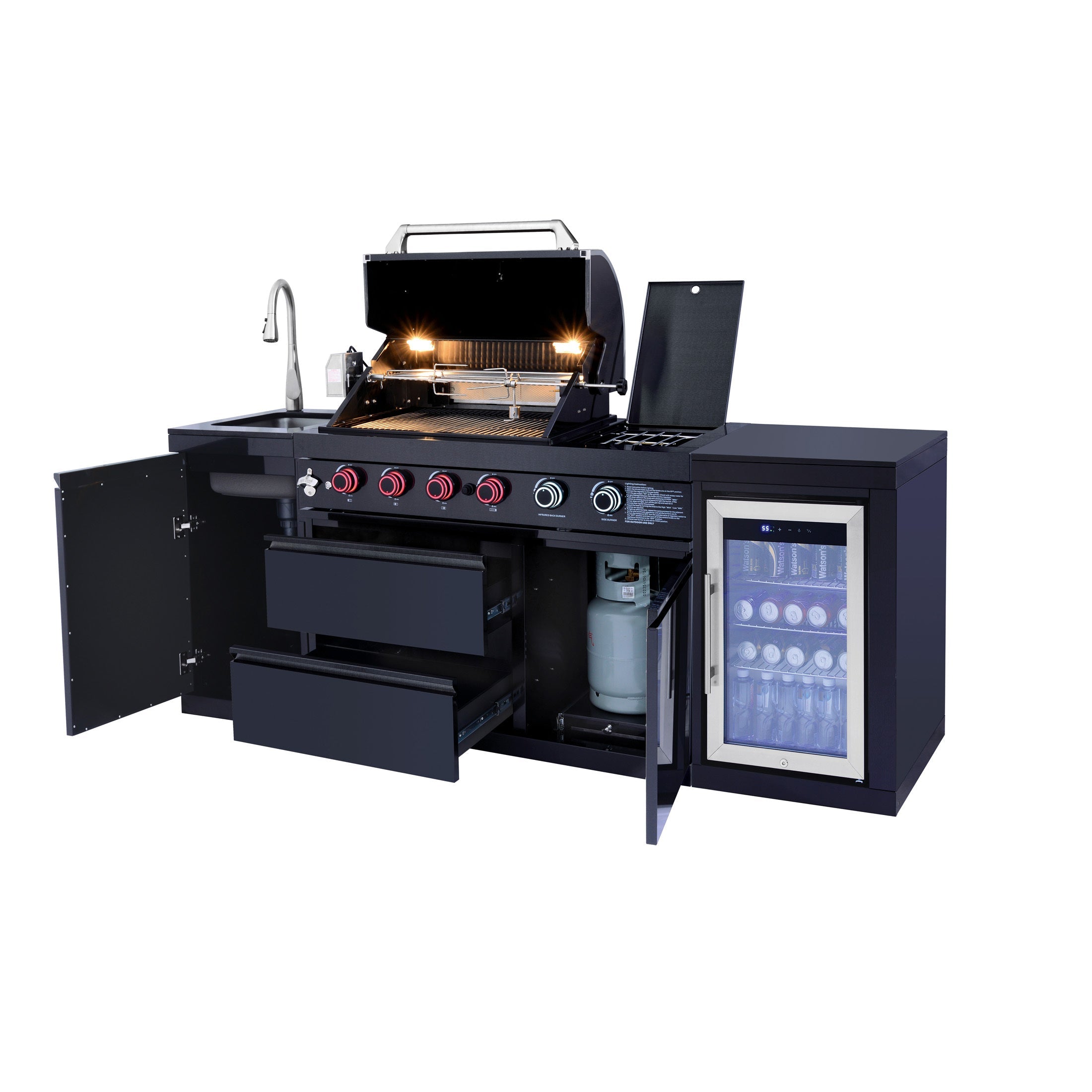 85" Black Outdoor Kitchen Island with Fridge & Sink | The Lavish Sunset