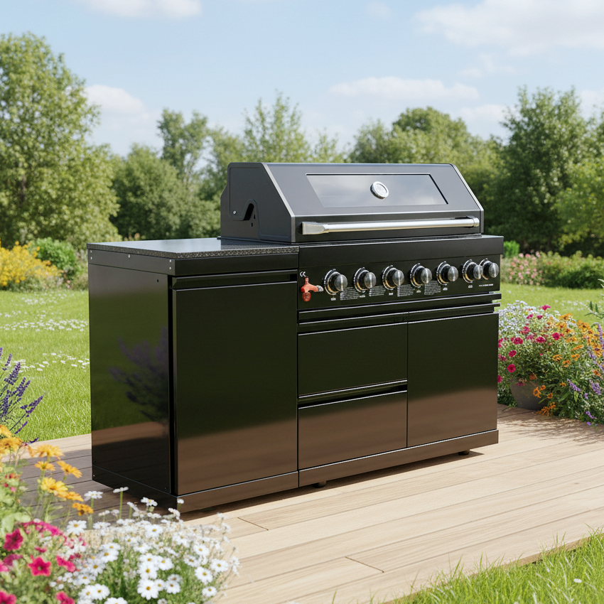63" Black Outdoor Kitchen with Marble Countertops | The Lavish Sunset