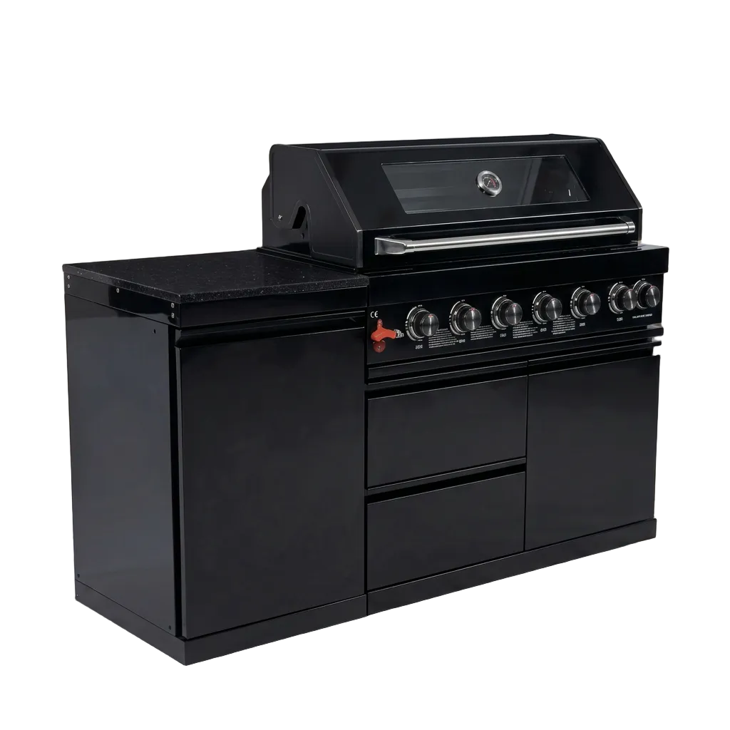 63" 6-Burner 85,000 BTU Black Outdoor Kitchen Island Grill + Marble Countertops