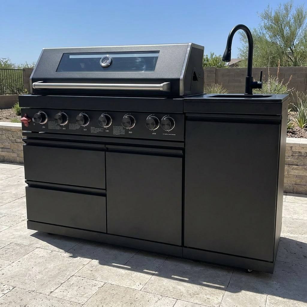 63" Marble Top Outdoor Kitchen Island & 6-Burner | The Lavish Sunset