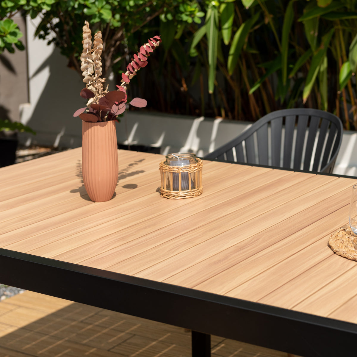 Portals Dark Rectangular Teak Table and 6 Nassau Black Aluminum Dining Set
