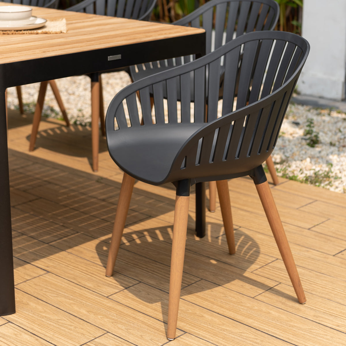 Portals Dark Rectangular Teak Table and 8 Nassau Black Dining Set