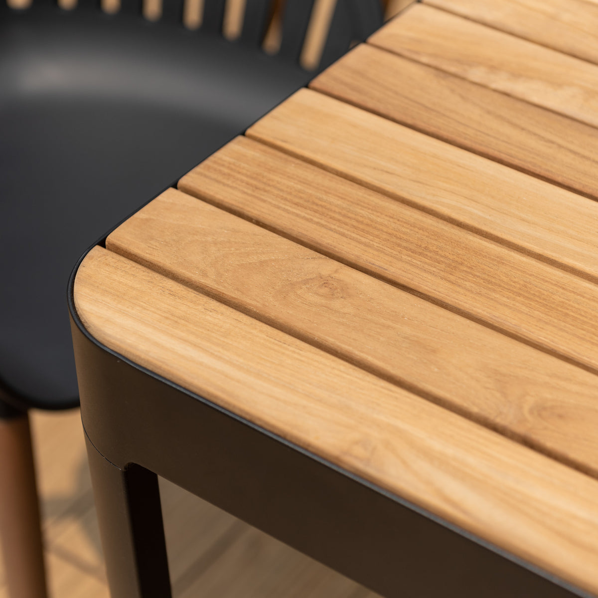 Portals Dark Rectangular Teak Table and 8 Nassau Black Dining Set