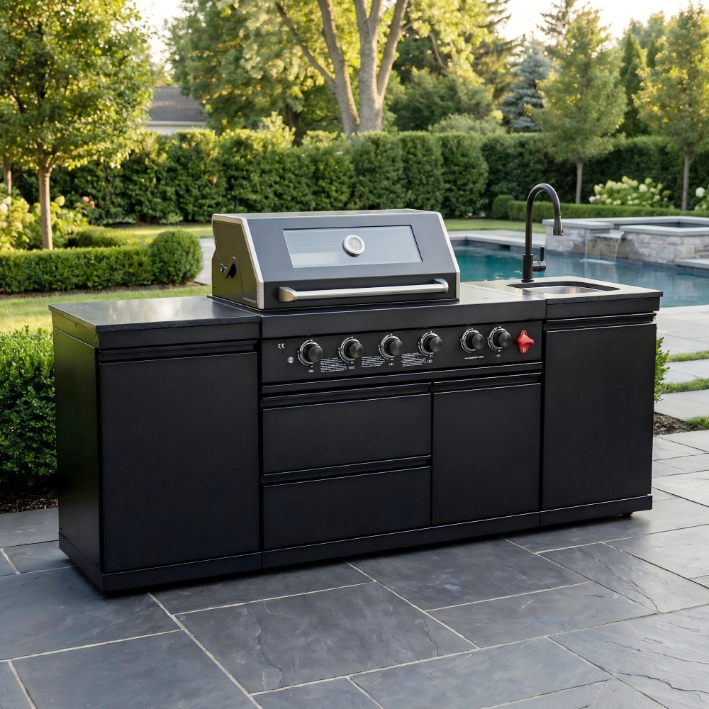85" Black Outdoor Kitchen Island with Cabinets & Sink | The Lavish Sunset