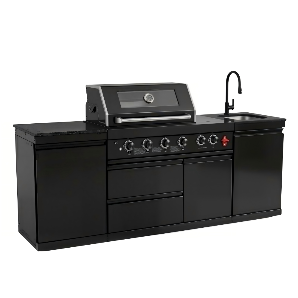 85" Black Outdoor Kitchen Island with Cabinets & Sink | The Lavish Sunset