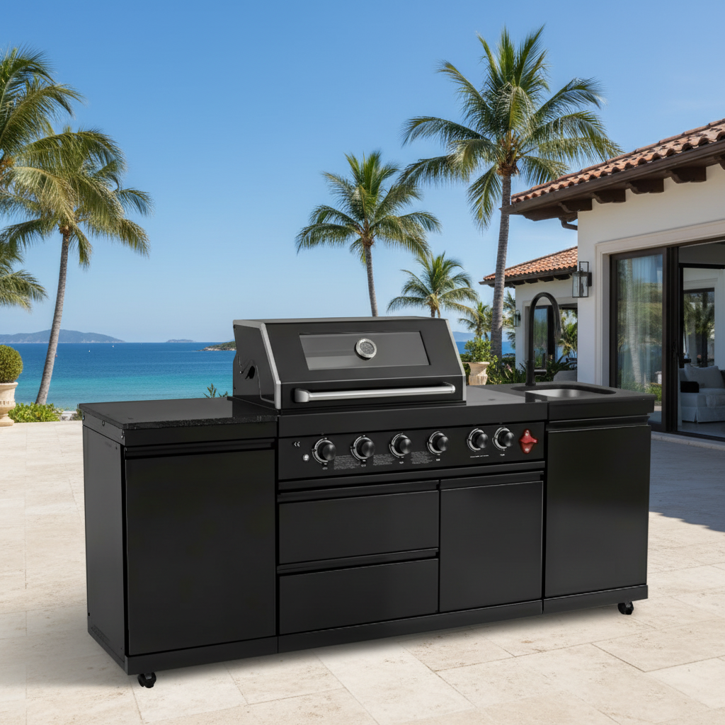 85" Black Outdoor Kitchen Island with Cabinets & Sink | The Lavish Sunset