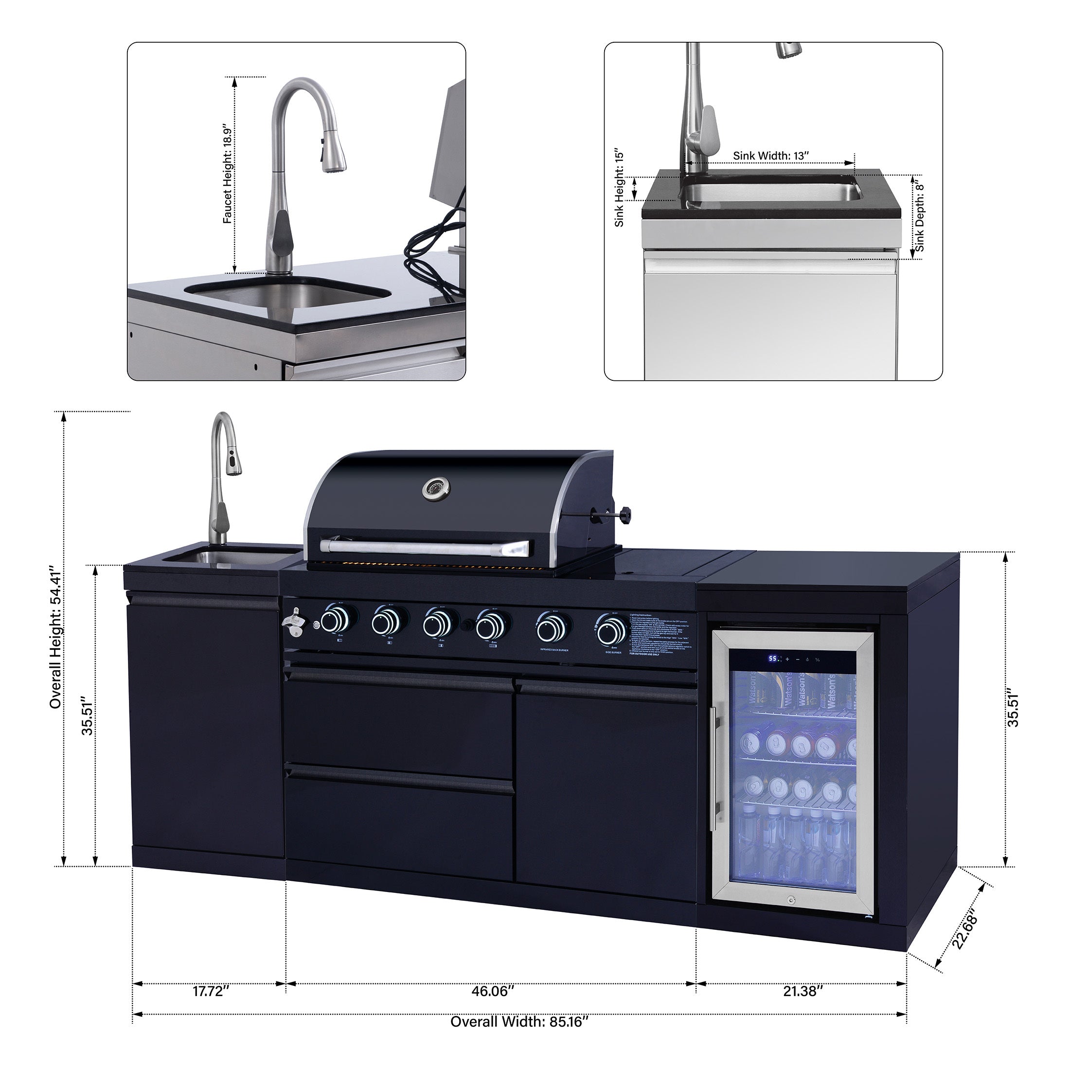 85" Black Outdoor Kitchen Island with Fridge & Sink | The Lavish Sunset