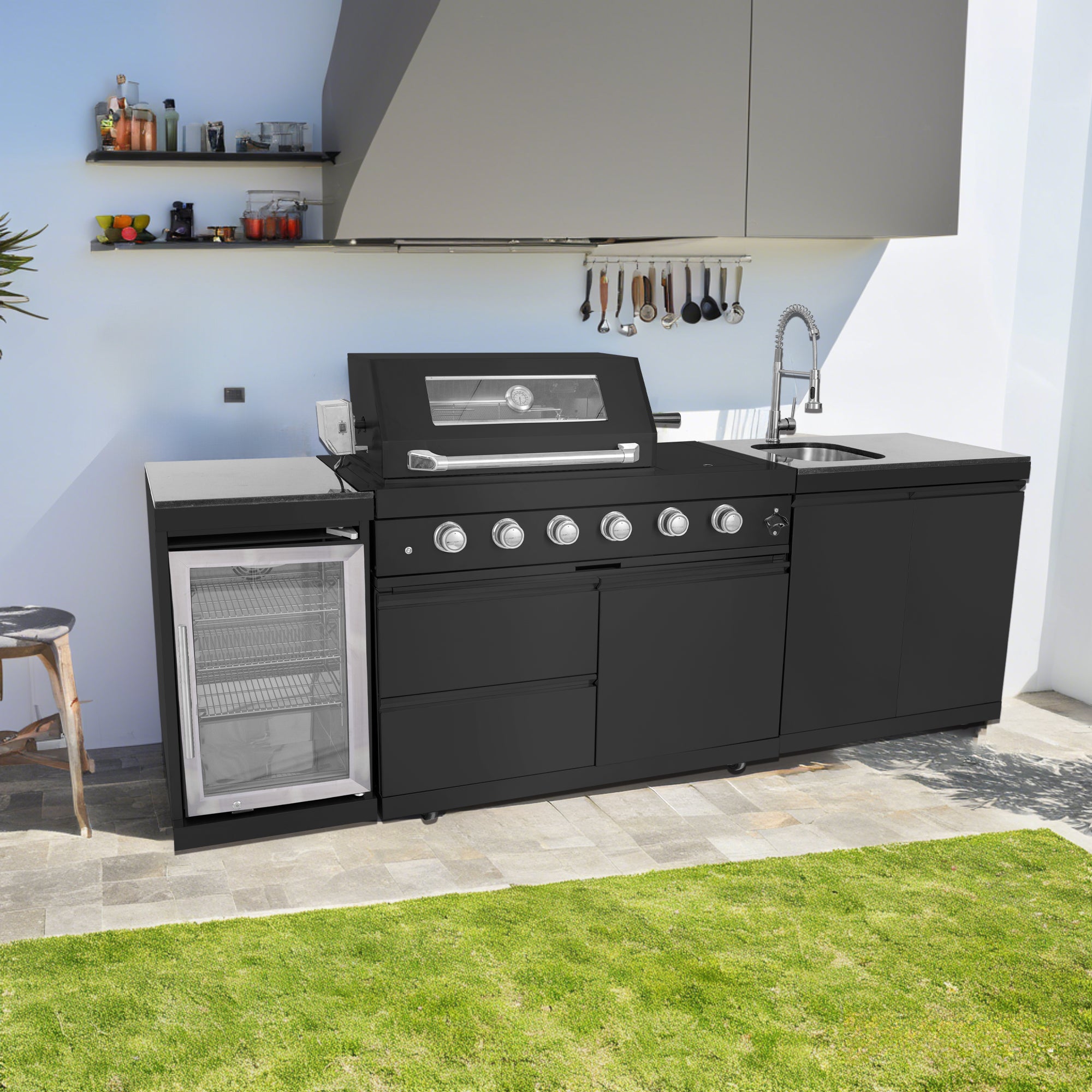 104" Black Outdoor Kitchen Island Grill & Cabinets | The Lavish Sunset