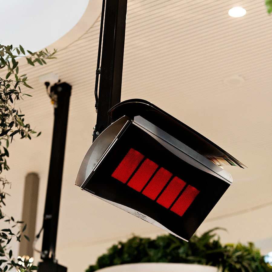 Bromic Platinum Gas heaters suspended from ceiling mounting poles