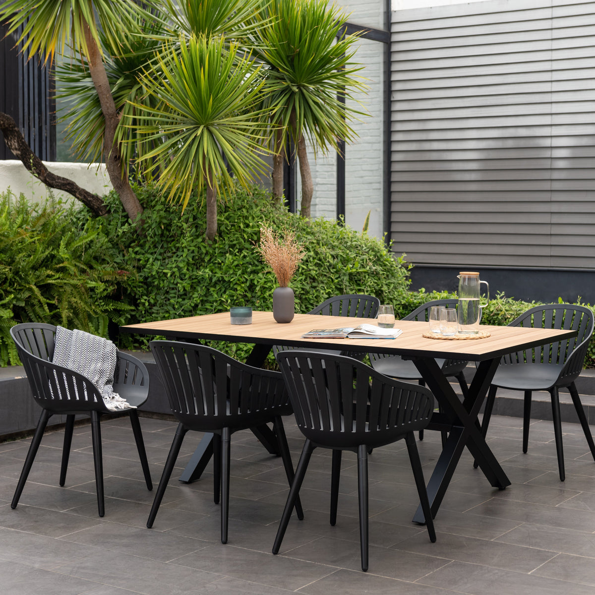 Panama Dark Rectangular Table and 8 Nassau Black Aluminum