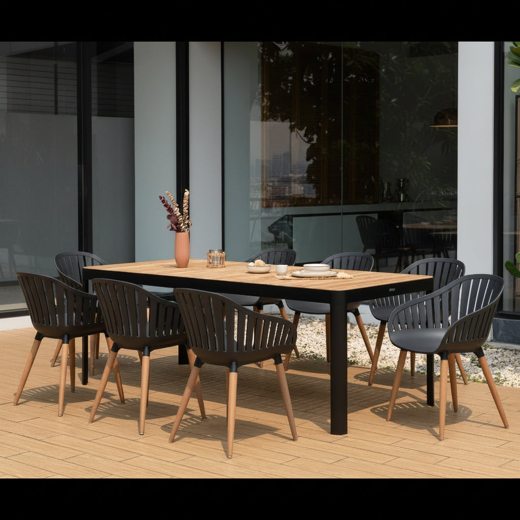 Portals Dark Rectangular Teak Table and 8 Nassau Black Dining Set