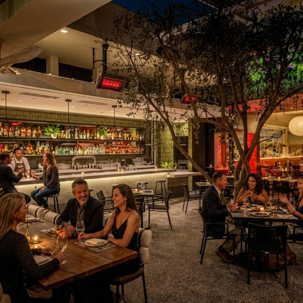 Bromic Platinum Gas pole-mounted heaters at an outdoor restaurant