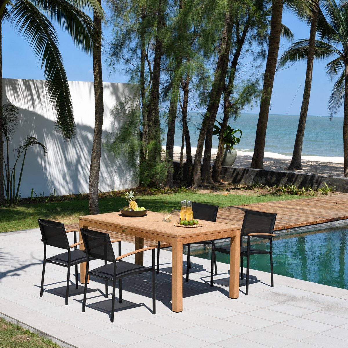 Rinjani Rectangular Table and 4 Vera Stacking Armchair Dining Set
