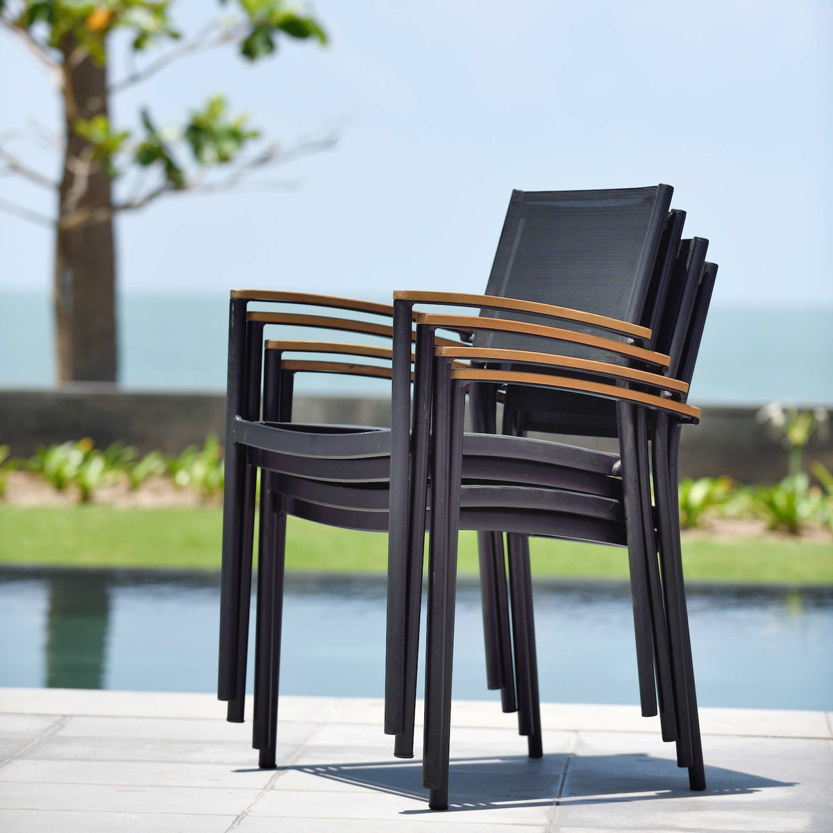Rinjani Rectangular Table and 4 Vera Stacking Armchair Dining Set
