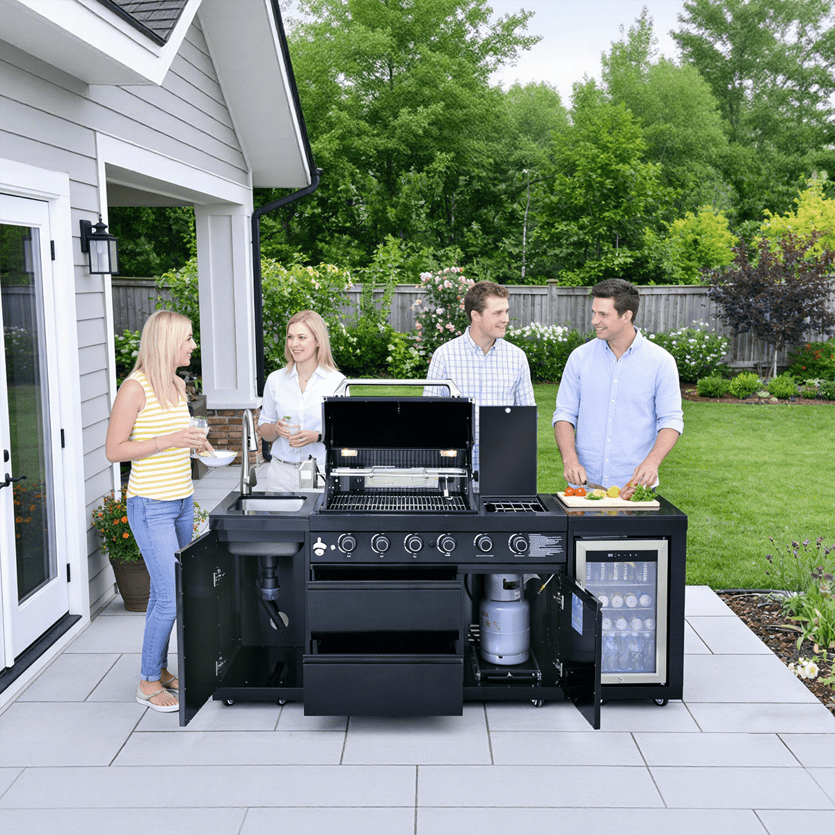 85" Black Outdoor Kitchen Island with Fridge & Sink | The Lavish Sunset