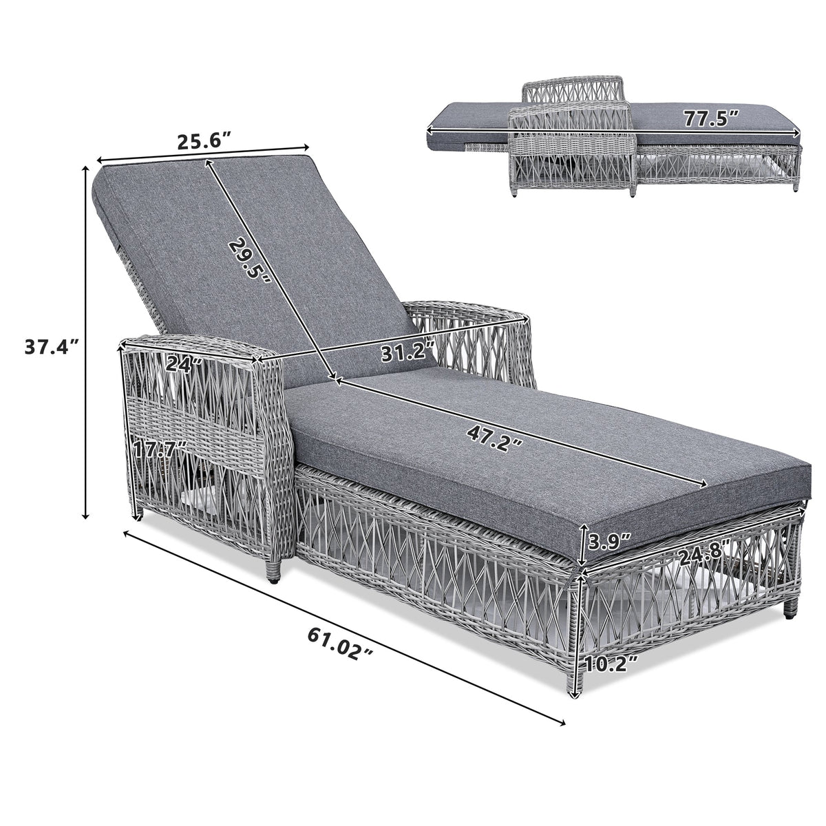 GO Outdoor Long Reclining Chaise with Armrests and Cushions