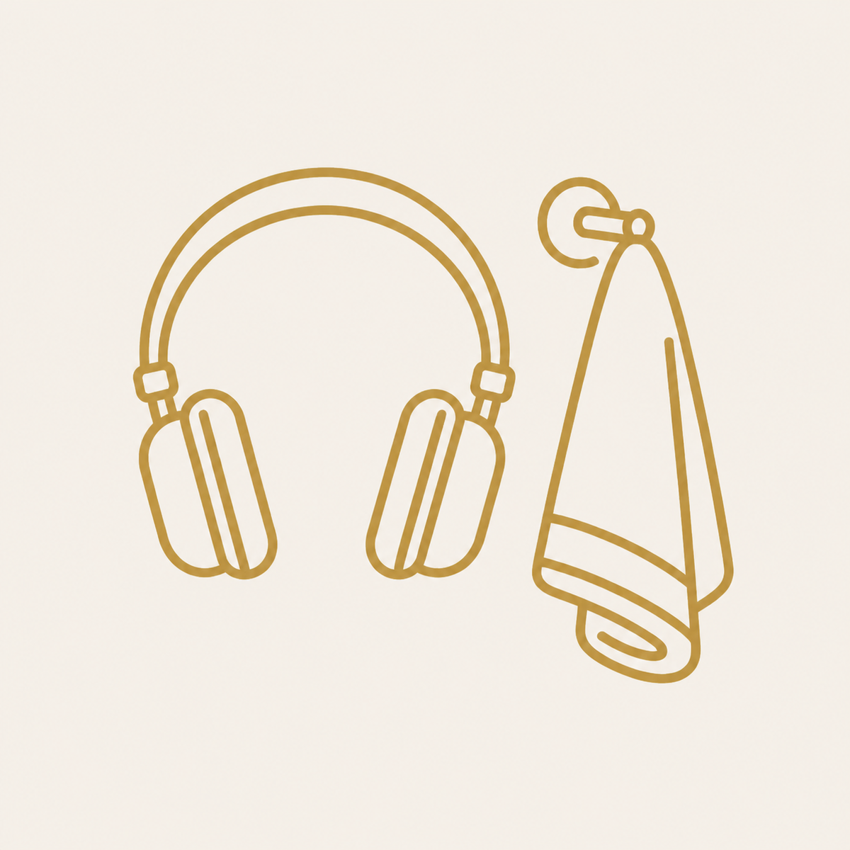 Gold line icon of premium audio and a towel hook