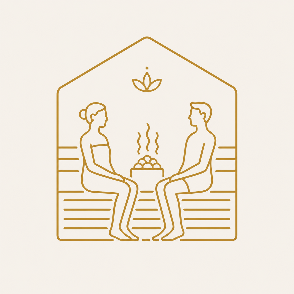 Gold line icon of a two-person home sauna ritual