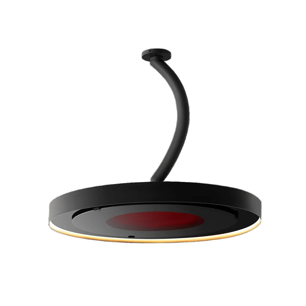 Bromic Eclipse heater shown with a matte black curved ceiling pole