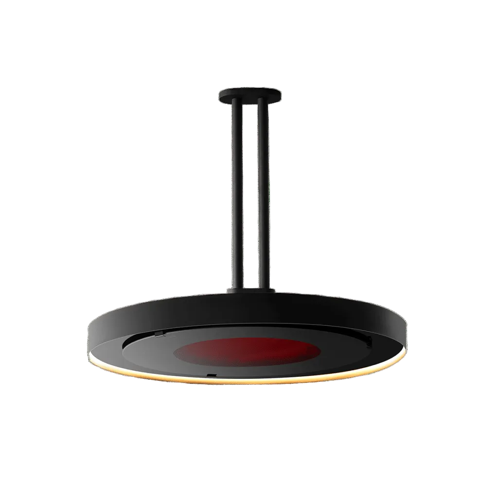 Bromic Eclipse heater shown with a matte black 24-inch twin ceiling pole