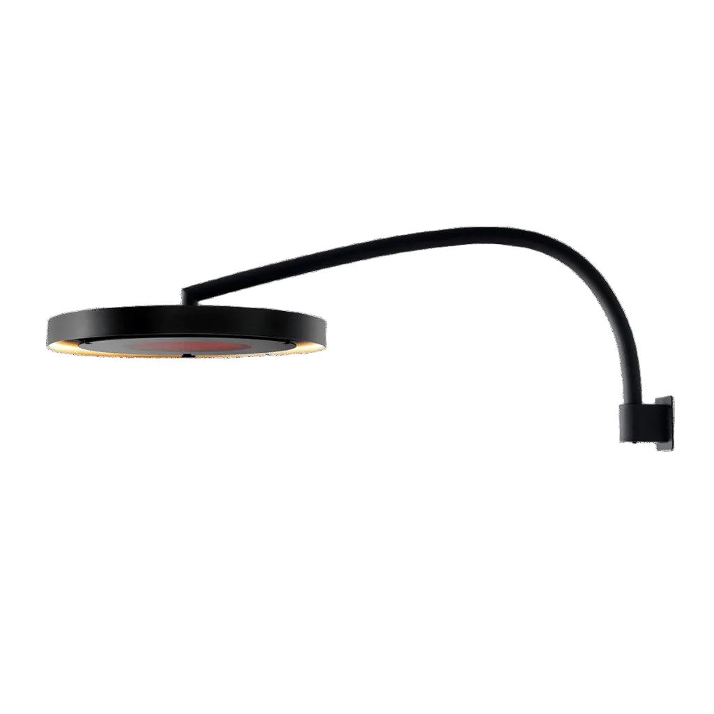 Bromic Eclipse heater shown with a matte black curved wall mount pole