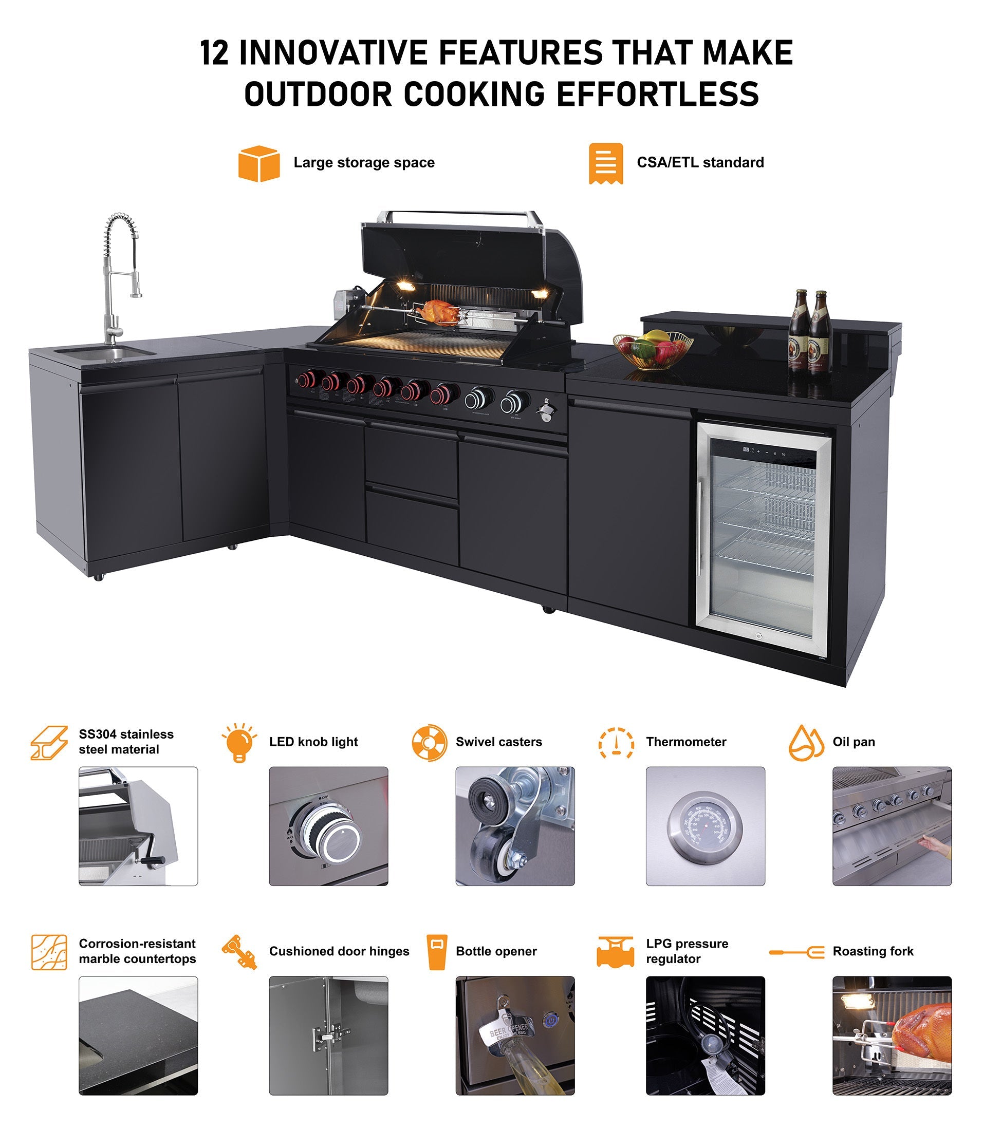 85" Black Outdoor Kitchen Island with Fridge & Sink | The Lavish Sunset