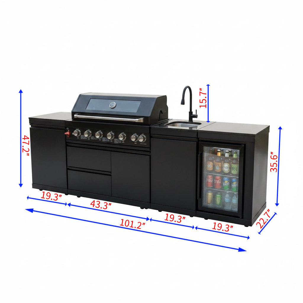 102" Marble Top Outdoor Kitchen Island & 6-Burner Grill | The Lavish Sunset