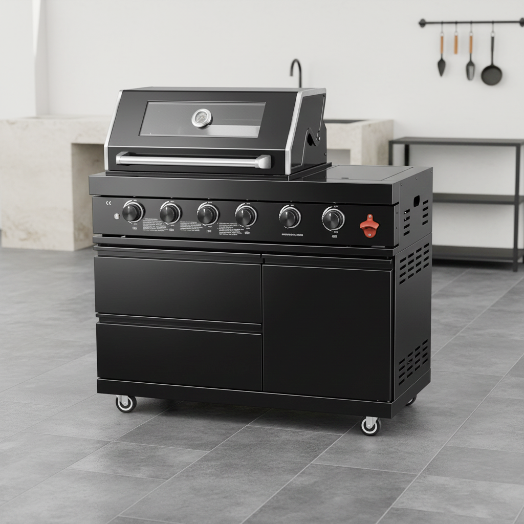 Black Outdoor Kitchen Island – 4-Burner Grill | Lavish Sunset