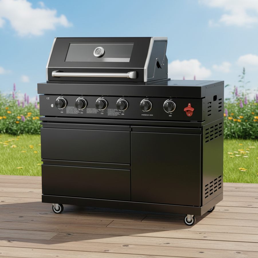 Black Outdoor Kitchen Island – 4-Burner Grill | Lavish Sunset