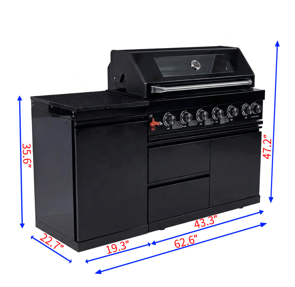 63" Black Outdoor Kitchen with Marble Countertops | The Lavish Sunset
