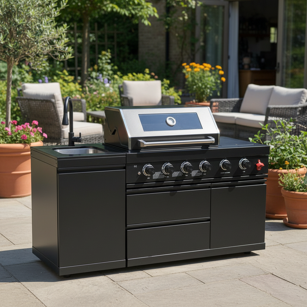 65" Black Outdoor Kitchen Island with Side Burner | The Lavish Sunset