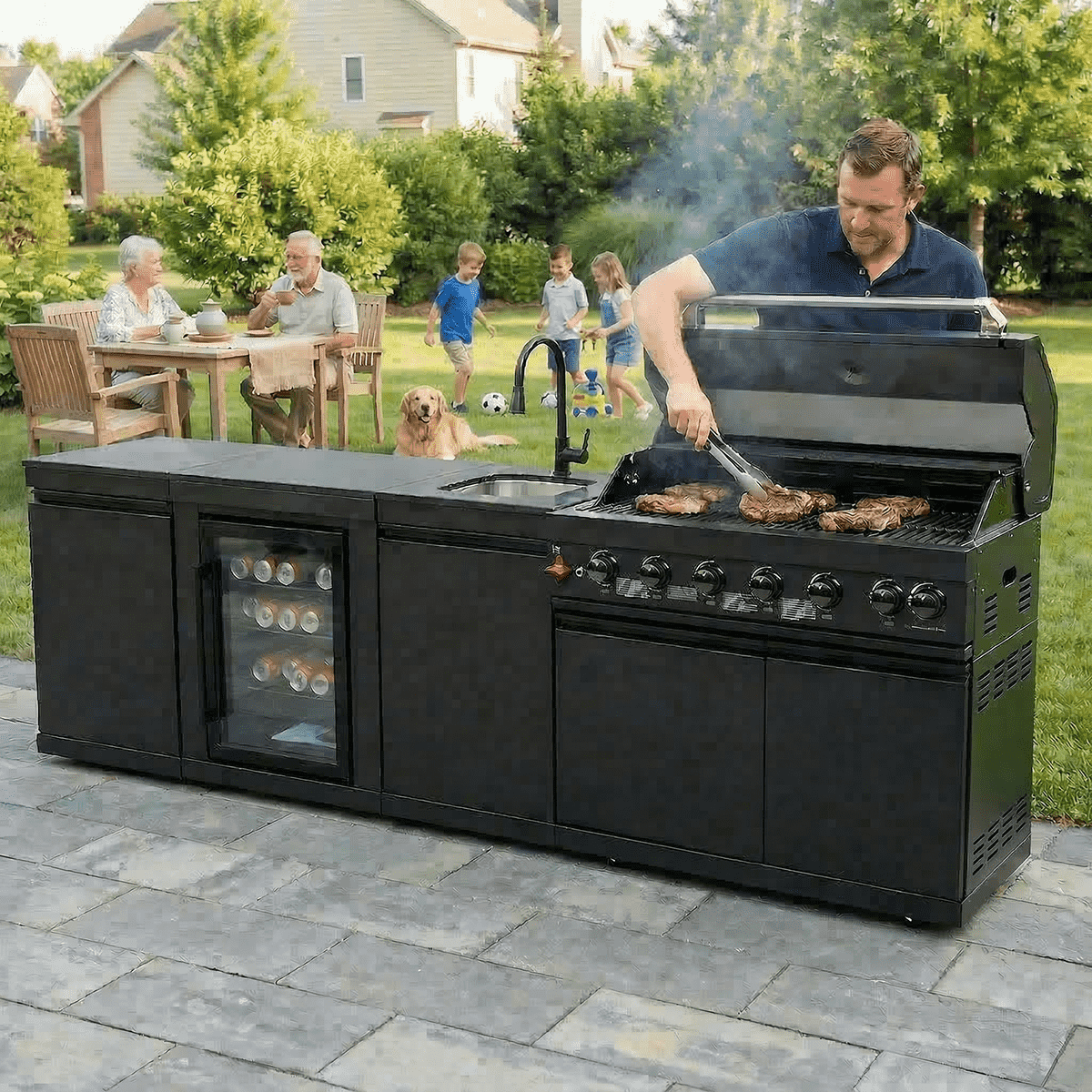 102" Marble Top Outdoor Kitchen Island & 6-Burner Grill | The Lavish Sunset