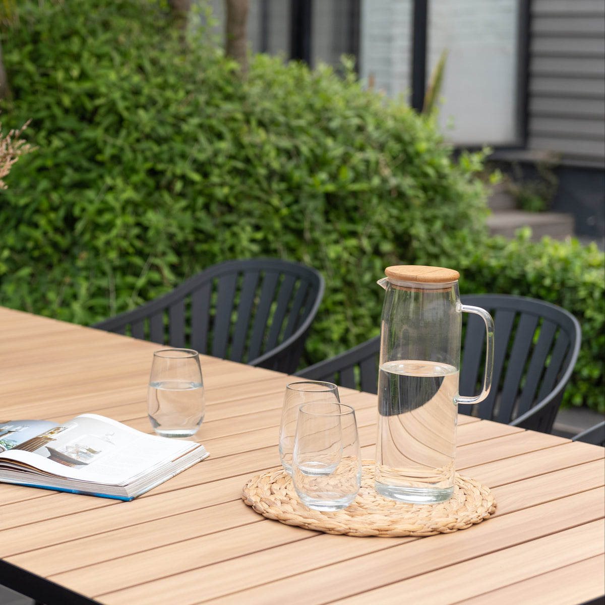 Panama Dark Rectangular Table and 8 Nassau Black Aluminum