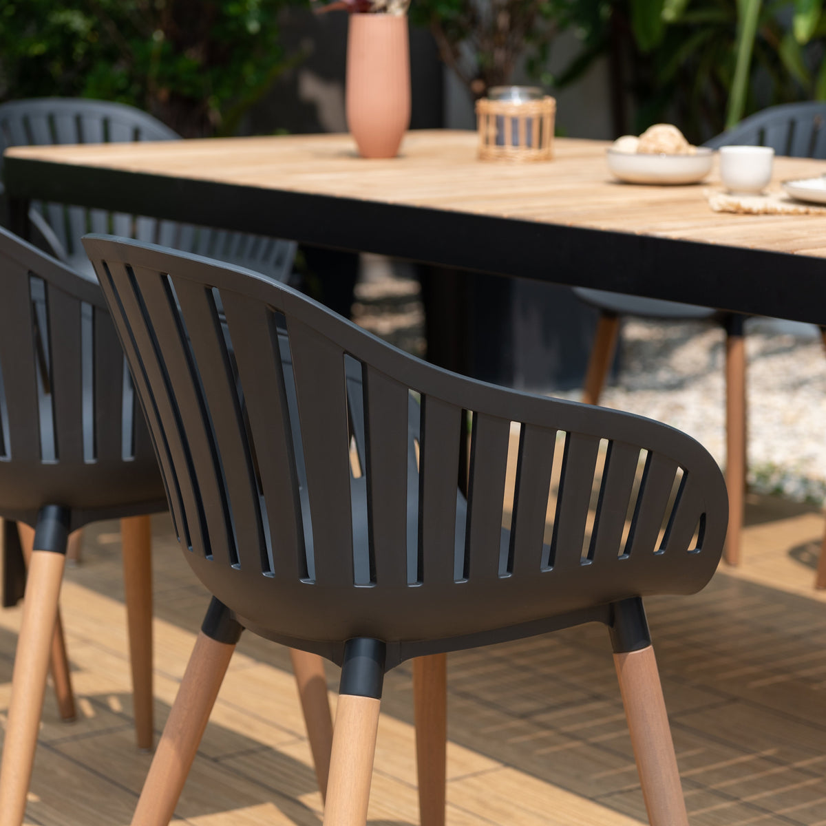 Portals Dark Rectangular Teak Table and 8 Nassau Black Dining Set