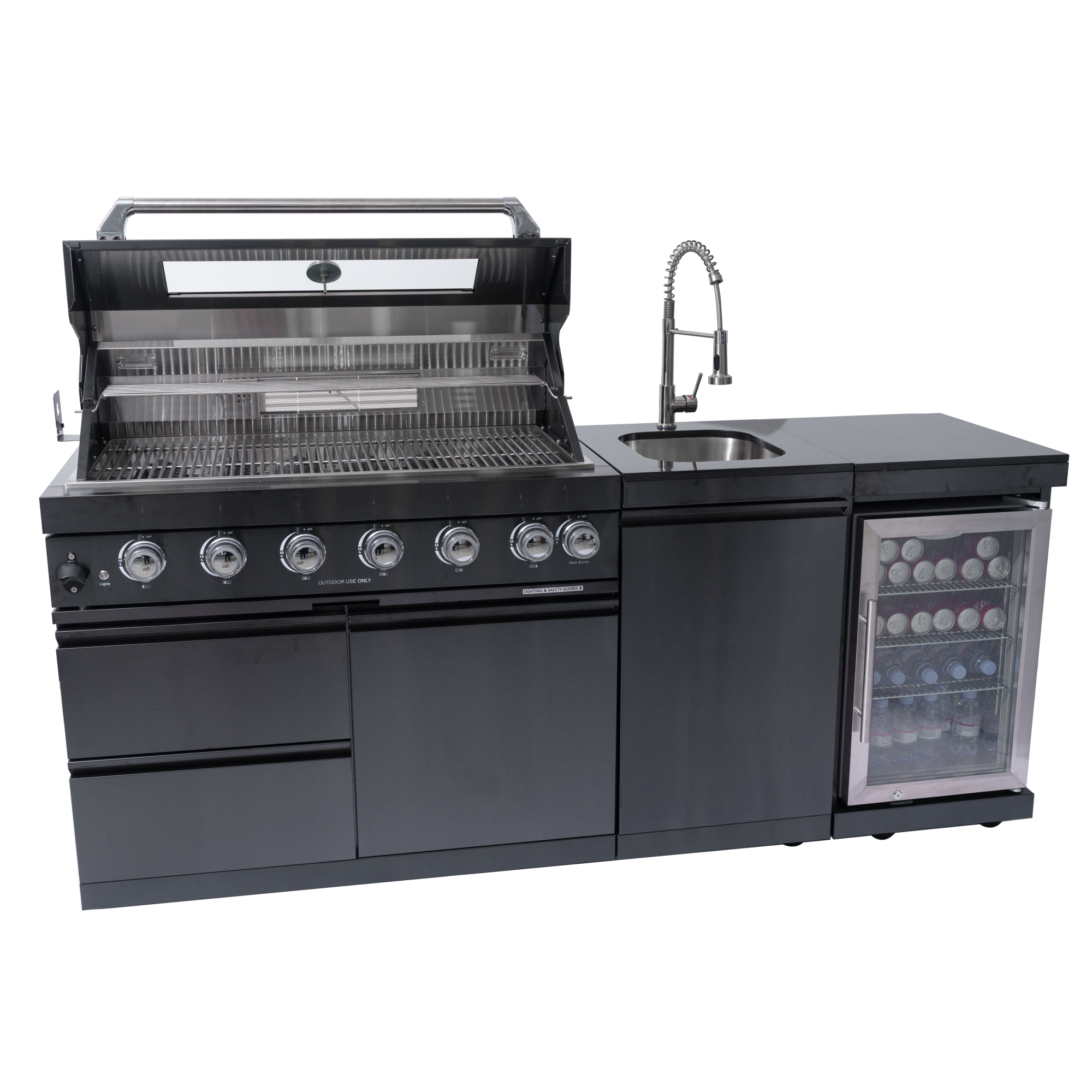 NG 85" 6-Burner 85,000 BTU Black Outdoor Kitchen Island Grill Refrigerator + Rotisserie Kit + Sink