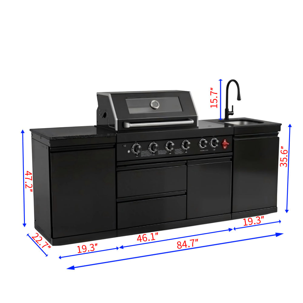 85" Black Outdoor Kitchen Island with Cabinets & Sink | The Lavish Sunset