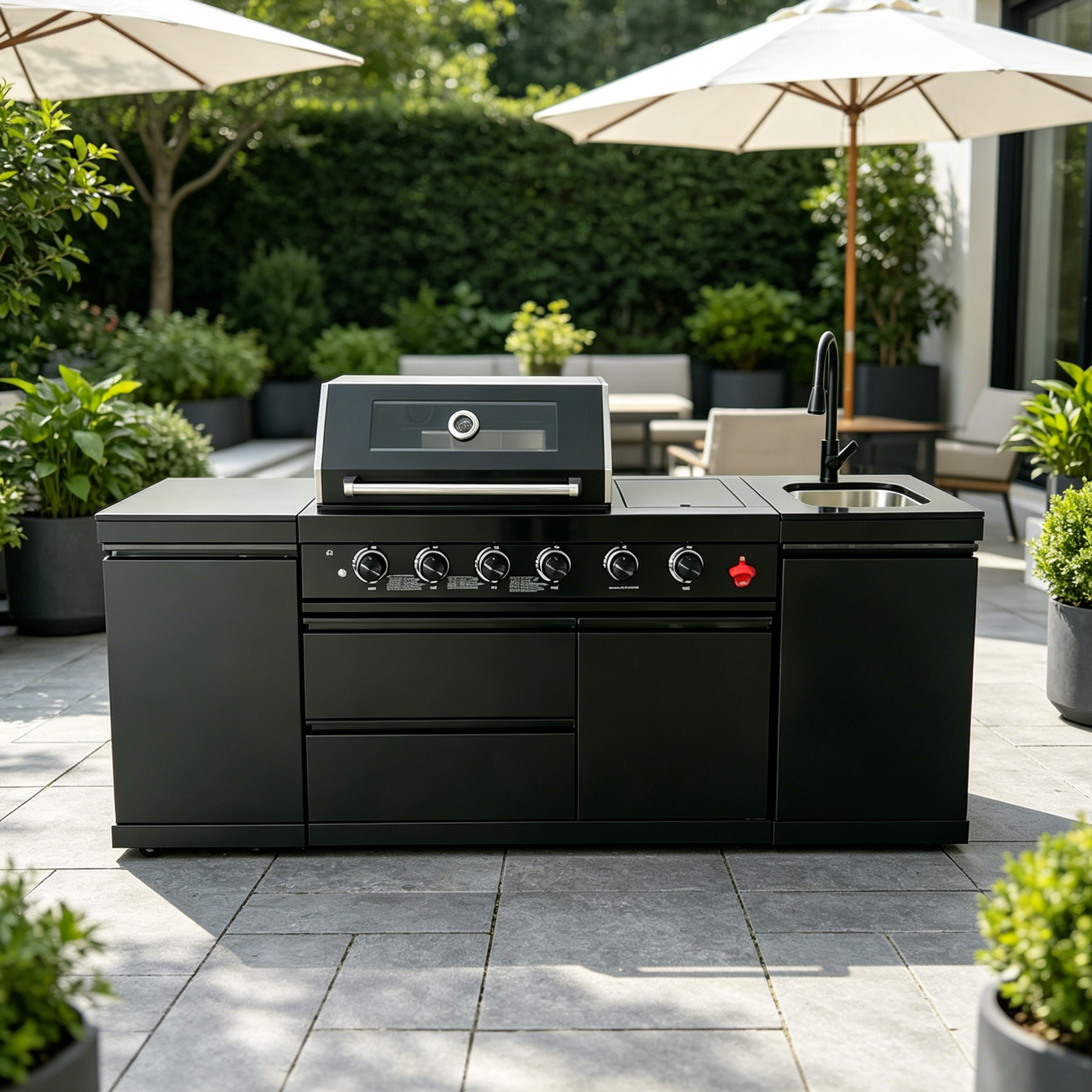 85" Black Outdoor Kitchen Island with Cabinets & Sink | The Lavish Sunset
