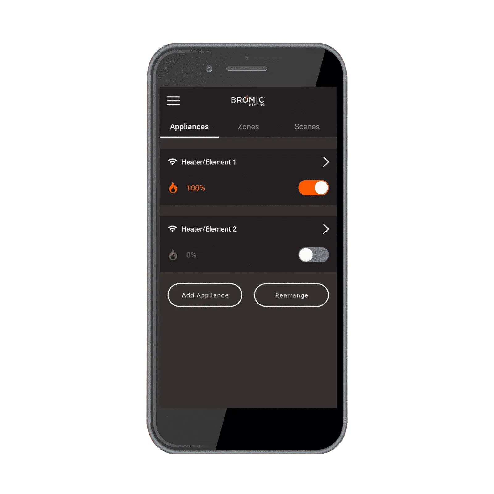 Bromic Heating App On/Off control screen