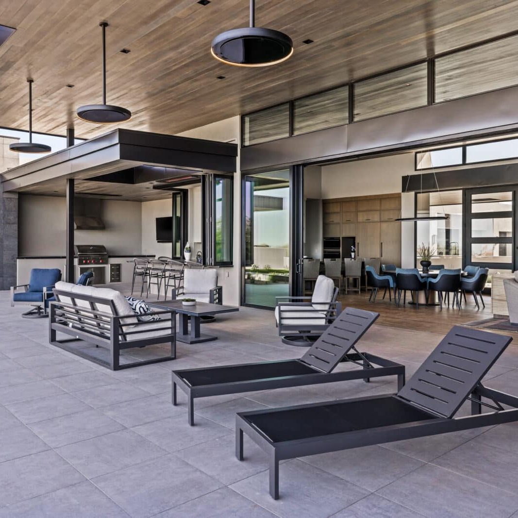 Bromic Eclipse straight pole installation in a high-ceiling outdoor space