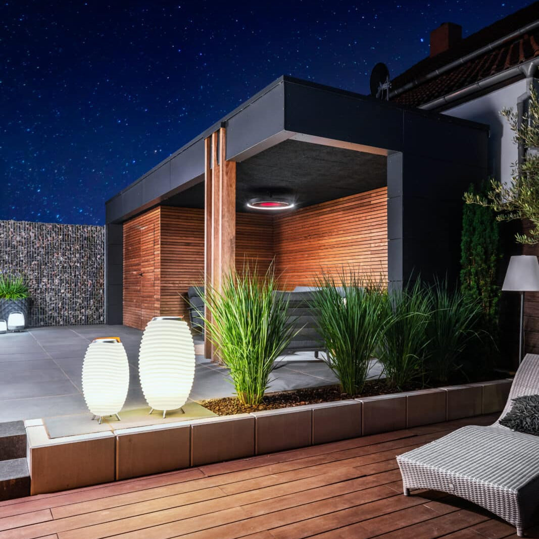 Bromic Eclipse pendant heater mounted near an outdoor ceiling