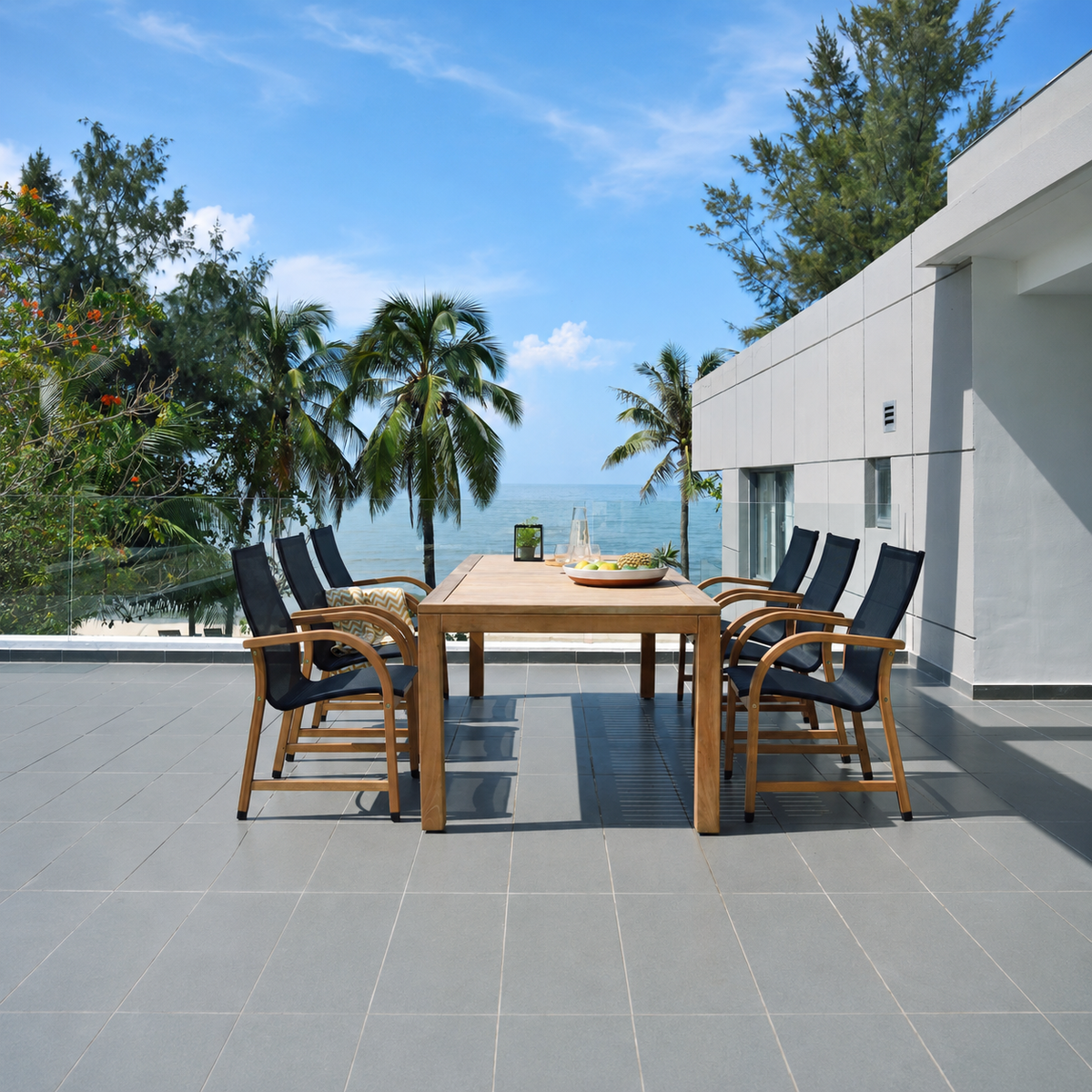 Rinjani Rectangular Table and 6 Manhattan Black Armchair