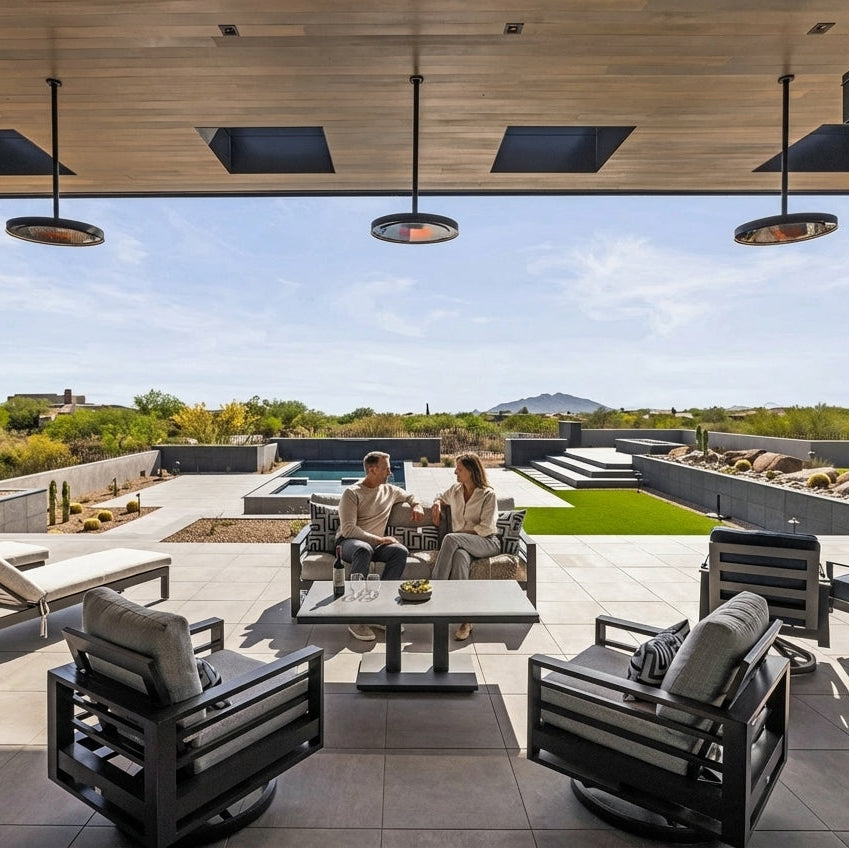 Outdoor Bromic Eclipse heater installation using long straight poles