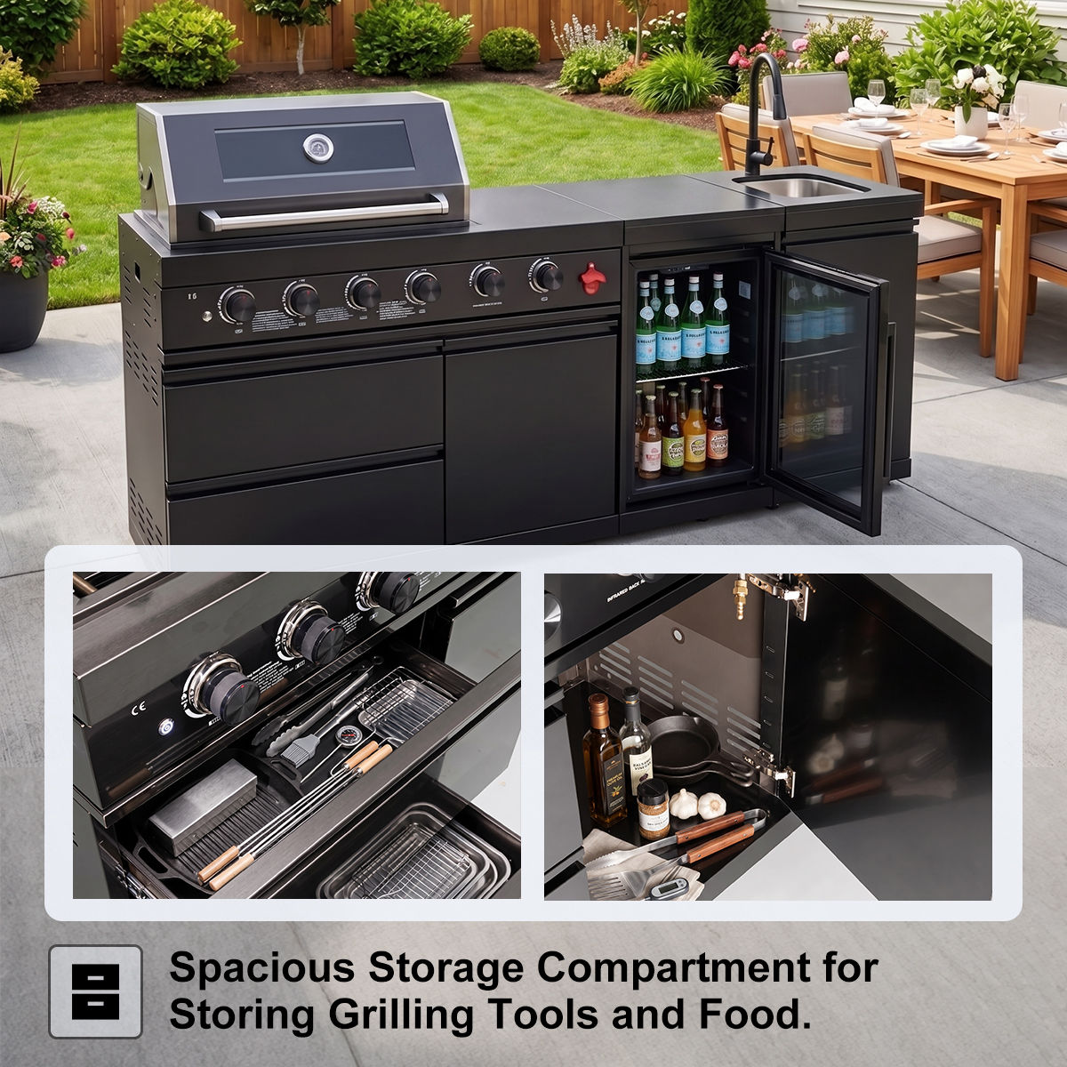 102" Marble Top Outdoor Kitchen Island & 6-Burner Grill | The Lavish Sunset