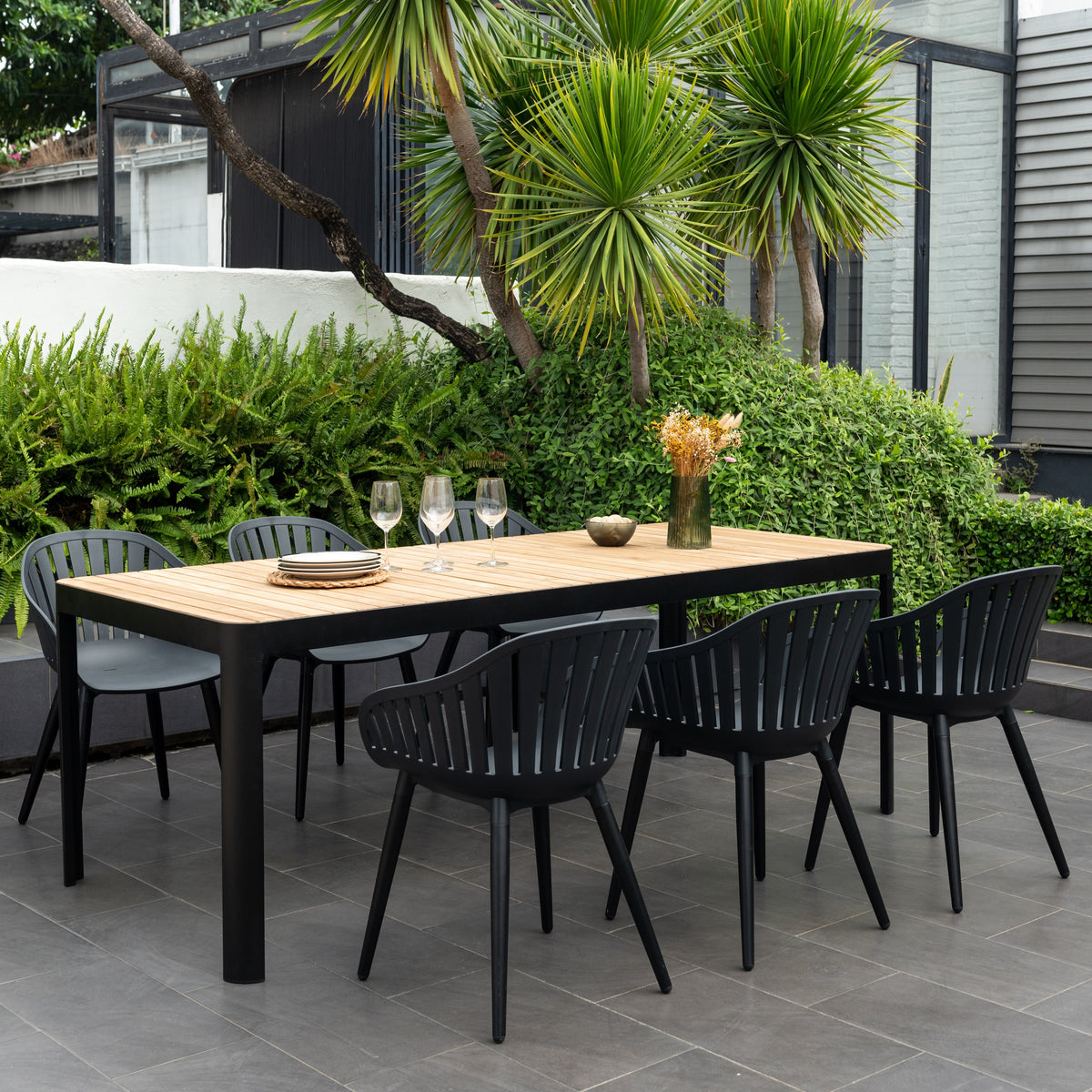 Portals Dark Rectangular Teak Table and 6 Nassau Black Aluminum Dining Set