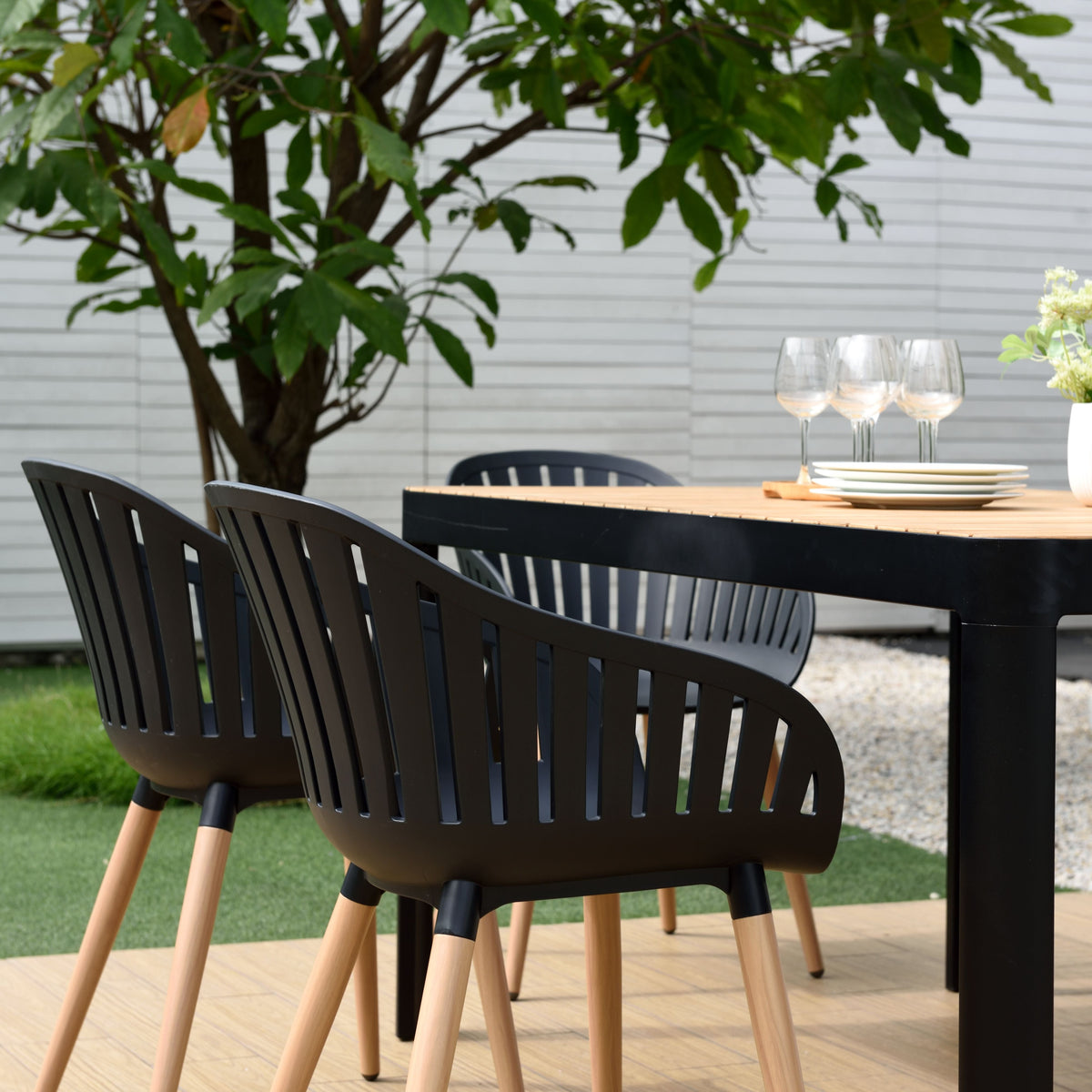 Portals Dark Rectangular Teak Table and 8 Nassau Black Dining Set