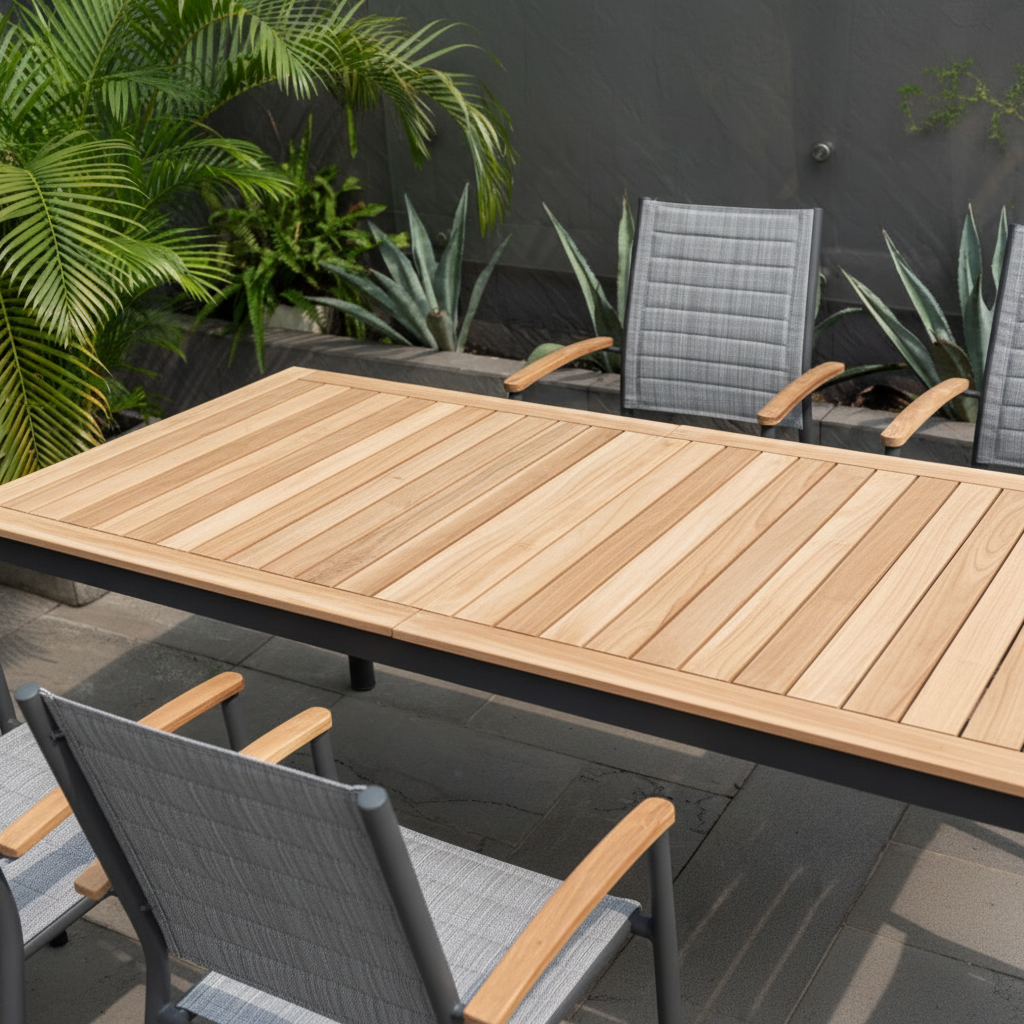 Topaz Dark Teak and Aluminum Rectangular Extendable Table